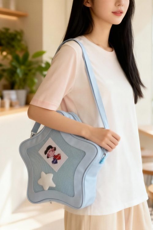 Black Kawaii Star Ita Crossbody Bag with Clear Window for Pin Display