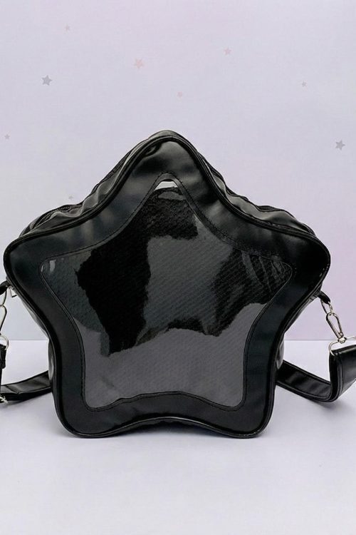 Black Kawaii Star Ita Crossbody Bag with Clear Window for Pin Display