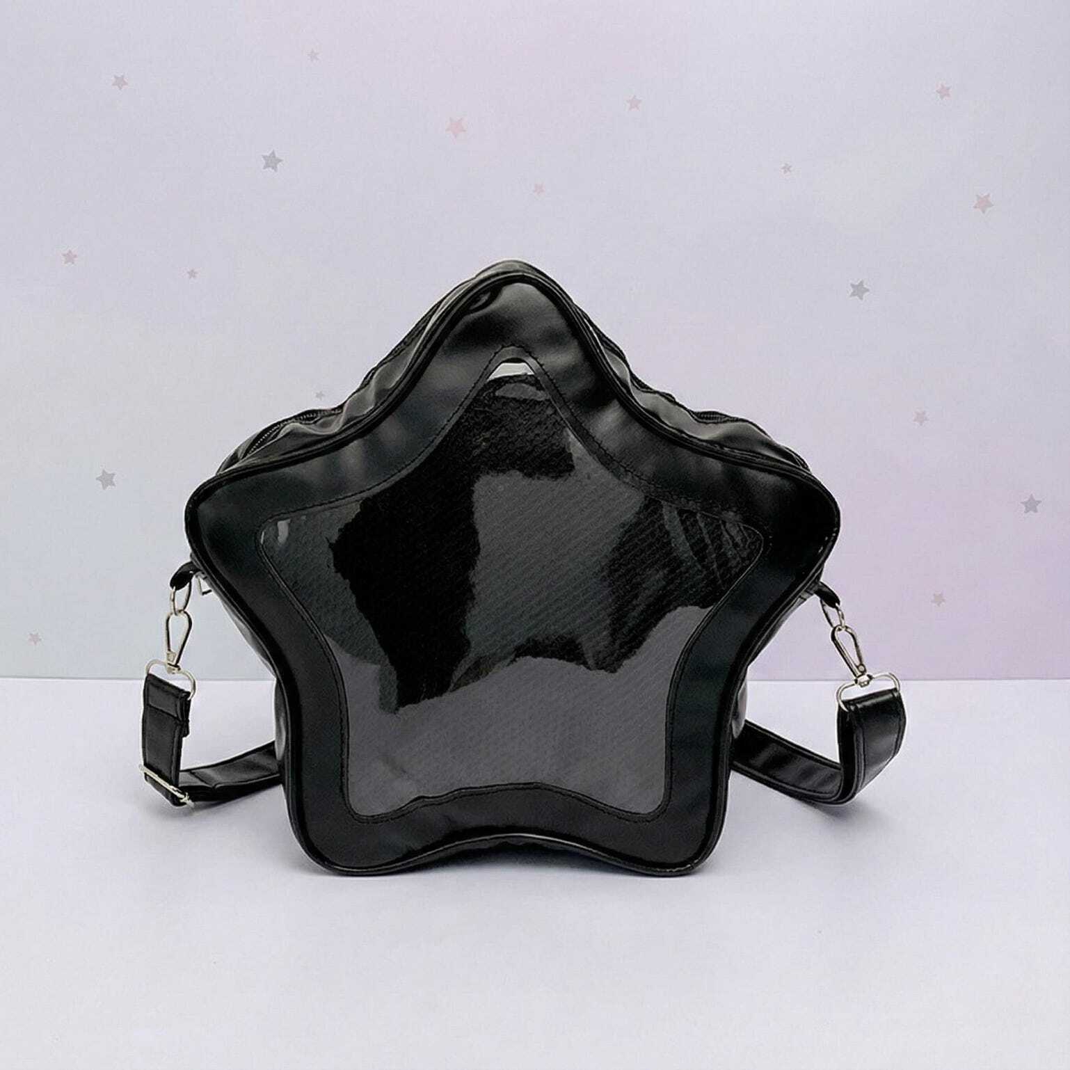 Black Kawaii Star Ita Crossbody Bag with Clear Window for Pin Display Black Kawaii Star Ita Crossbody Bag with Clear Window for Pin Display