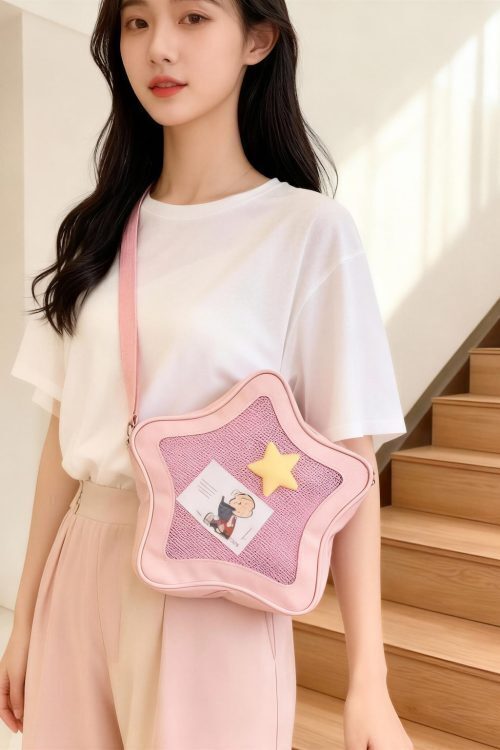 Black Kawaii Star Ita Crossbody Bag with Clear Window for Pin Display