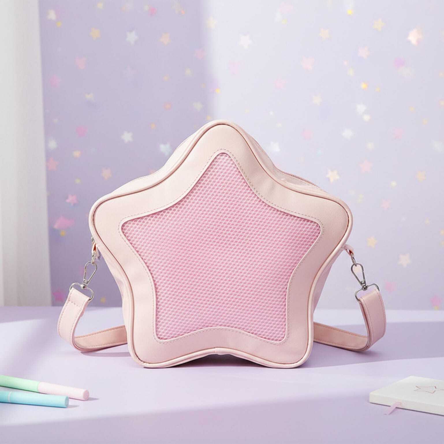 Black Kawaii Star Ita Crossbody Bag with Clear Window for Pin Display Black Kawaii Star Ita Crossbody Bag with Clear Window for Pin Display