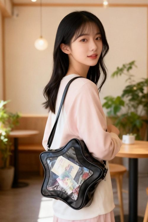 Black Kawaii Star Ita Crossbody Bag with Clear Window for Pin Display