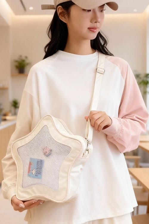Black Kawaii Star Ita Crossbody Bag with Clear Window for Pin Display