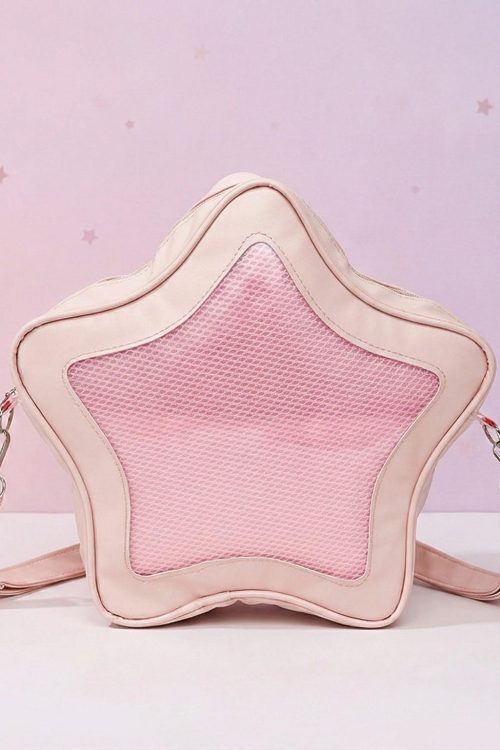 Black Kawaii Star Ita Crossbody Bag with Clear Window for Pin Display