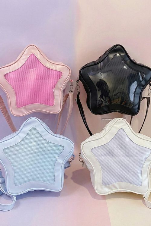 Black Kawaii Star Ita Crossbody Bag with Clear Window for Pin Display