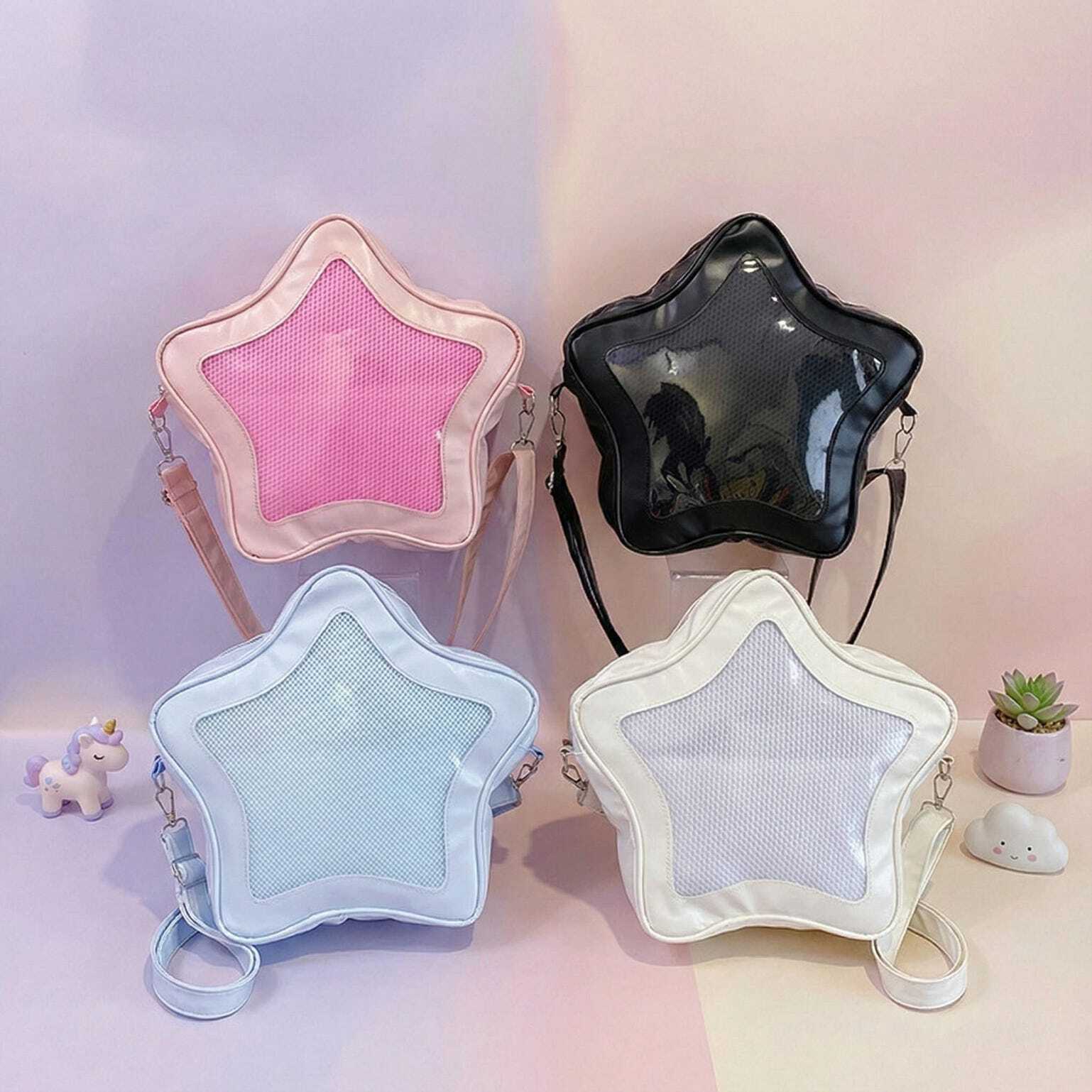 Black Kawaii Star Ita Crossbody Bag with Clear Window for Pin Display Black Kawaii Star Ita Crossbody Bag with Clear Window for Pin Display