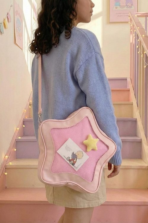 Black Kawaii Star Ita Crossbody Bag with Clear Window for Pin Display