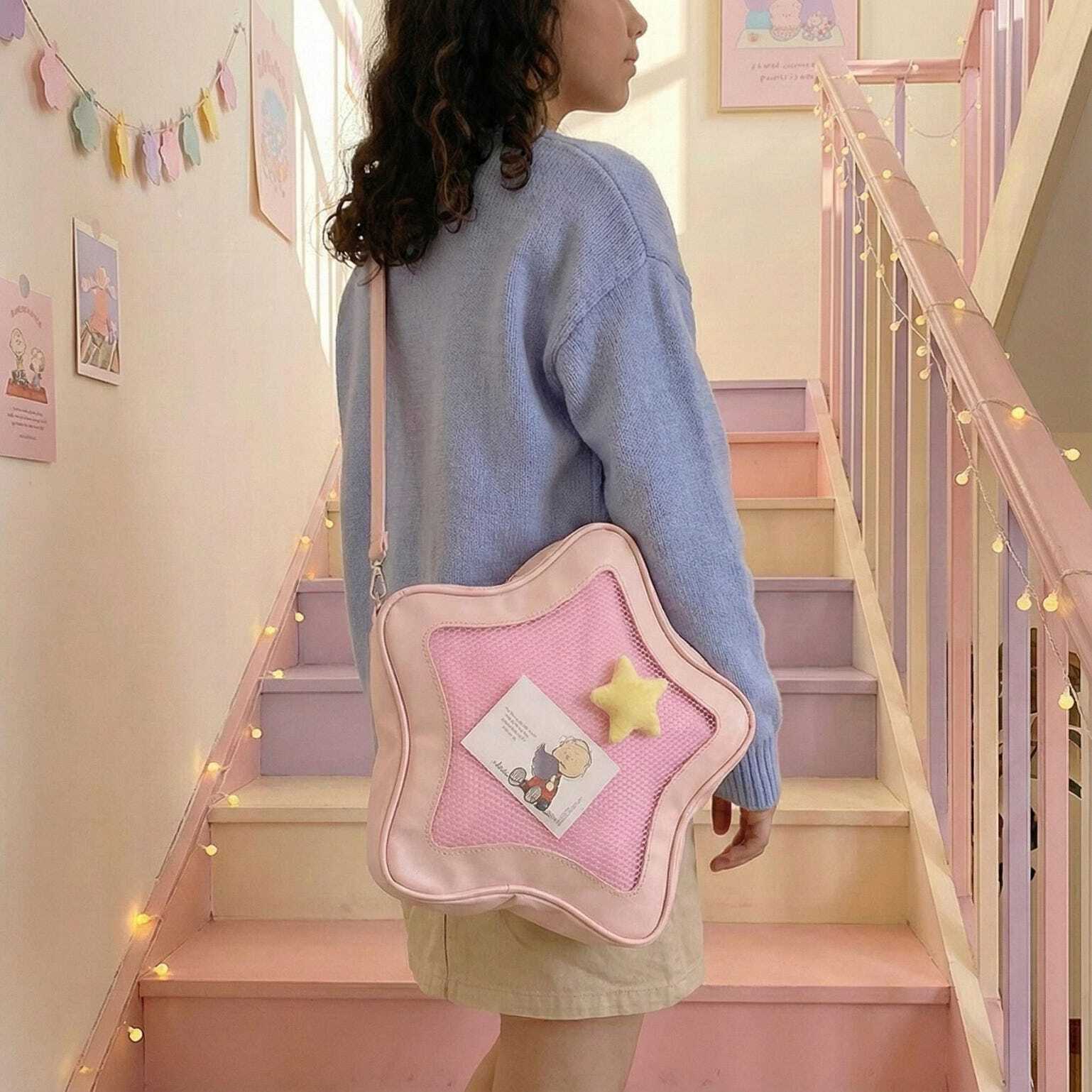 Black Kawaii Star Ita Crossbody Bag with Clear Window for Pin Display Black Kawaii Star Ita Crossbody Bag with Clear Window for Pin Display