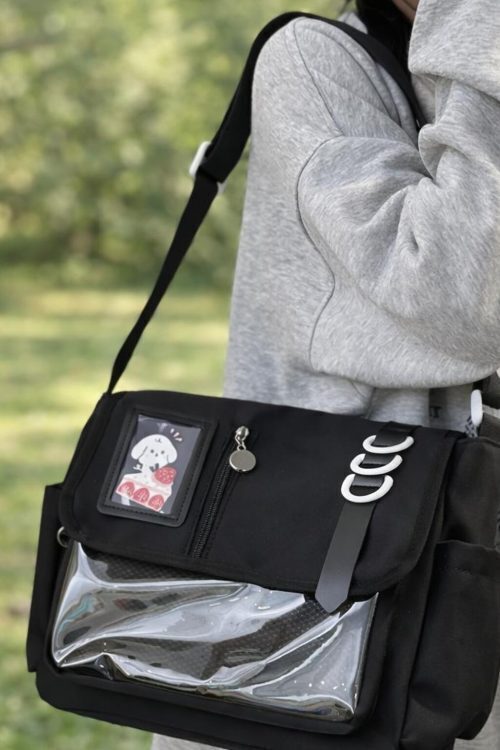 Black Kawaii Y2K Ita Purse with Clear Window for Plushies and Pins