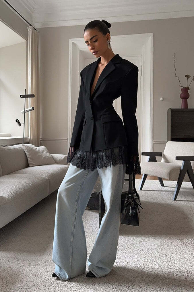 Black Lace Paneled Long Sleeve Waist-Cinched Soft Blazer Black Lace Paneled Long Sleeve Waist-Cinched Soft Blazer