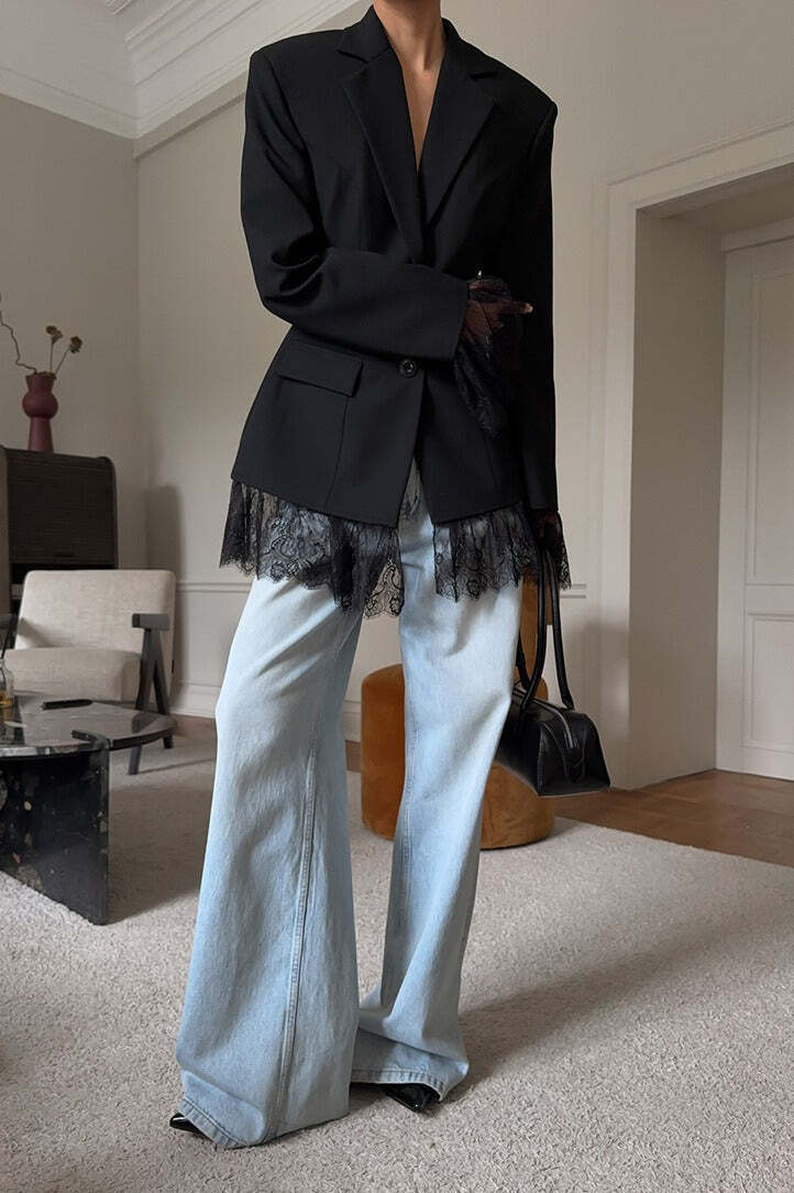 Black Lace Paneled Long Sleeve Waist-Cinched Soft Blazer Black Lace Paneled Long Sleeve Waist-Cinched Soft Blazer