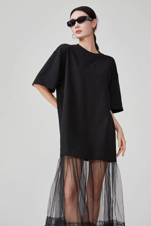 Black Patchwork Mesh T-Shirt Dress
