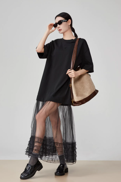 Black Patchwork Mesh T-Shirt Dress