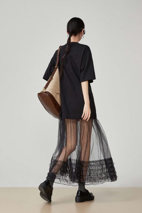 Black Patchwork Mesh T-Shirt Dress