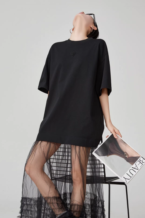 Black Patchwork Mesh T-Shirt Dress