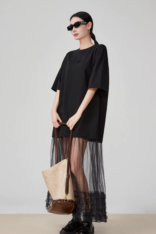 Black Patchwork Mesh T-Shirt Dress