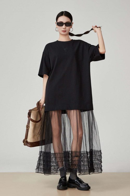 Black Patchwork Mesh T-Shirt Dress