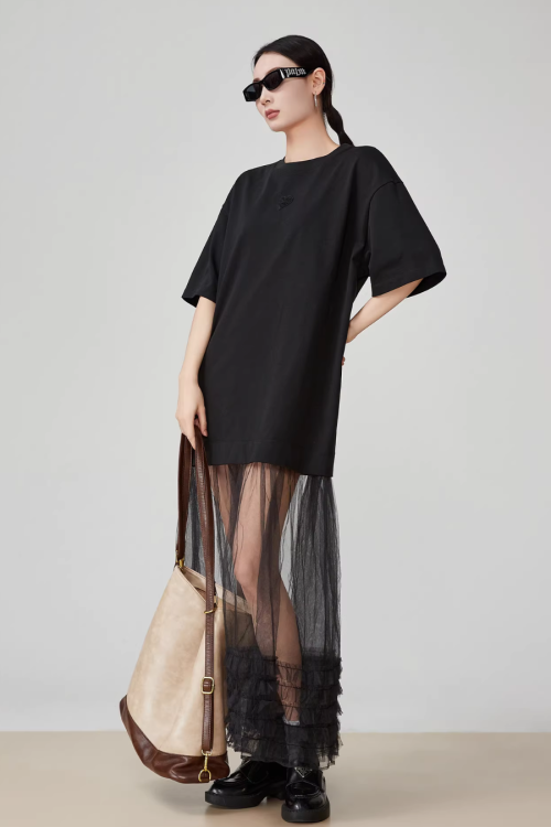 Black Patchwork Mesh T-Shirt Dress