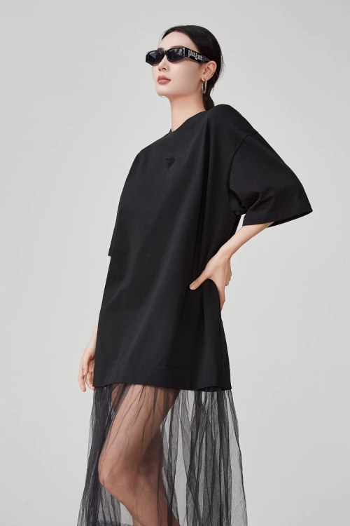 Black Patchwork Mesh T-Shirt Dress