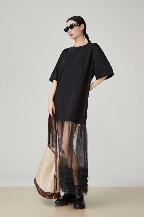 Black Patchwork Mesh T-Shirt Dress