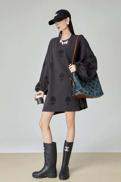 Black Rhinestone Sweatshirt Dress