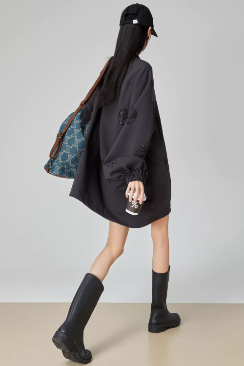Black Rhinestone Sweatshirt Dress