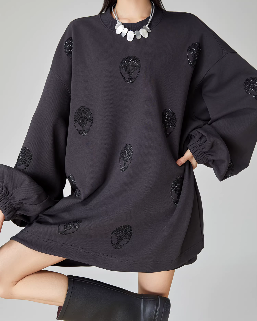 Black Rhinestone Sweatshirt Dress Black Rhinestone Sweatshirt Dress