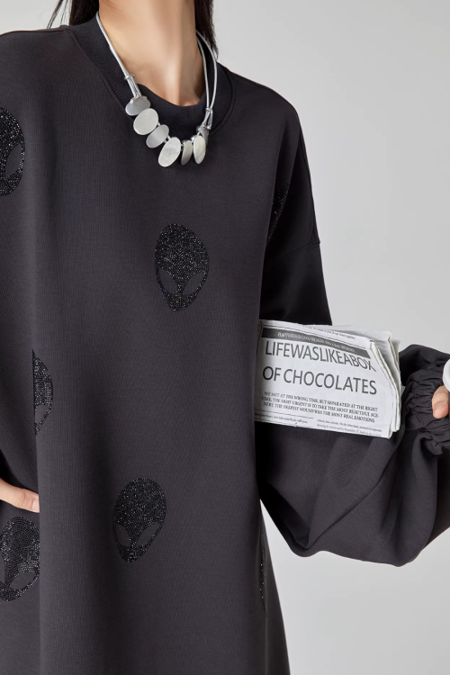 Black Rhinestone Sweatshirt Dress