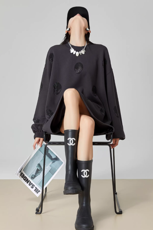 Black Rhinestone Sweatshirt Dress