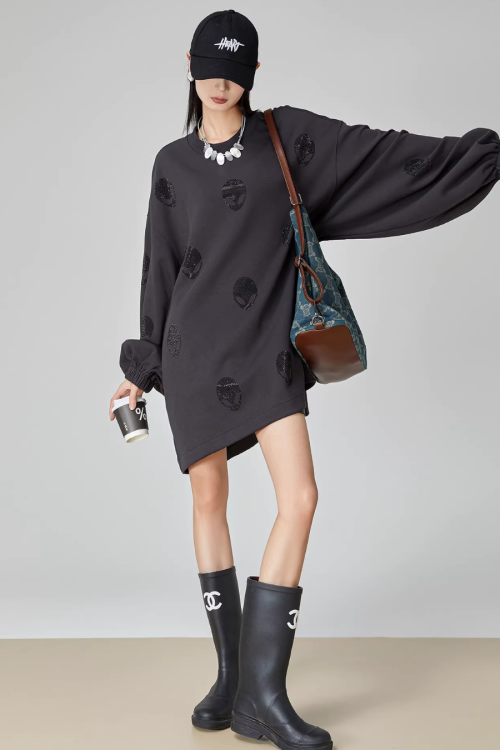 Black Rhinestone Sweatshirt Dress