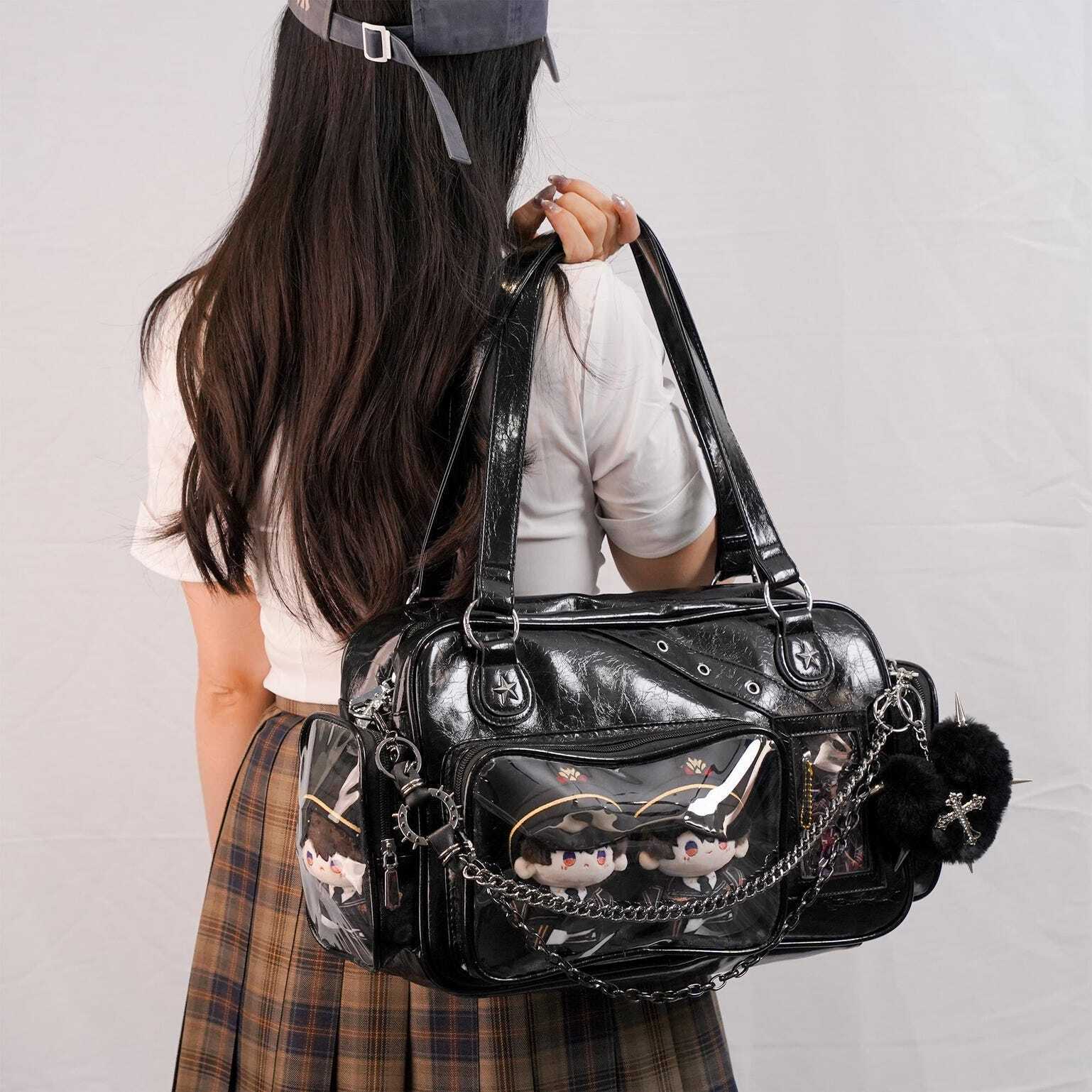 Black Y2K Gothic Ita Messenger Bag with Clear Window for Plushies and Pins Black Y2K Gothic Ita Messenger Bag with Clear Window for Plushies and Pins