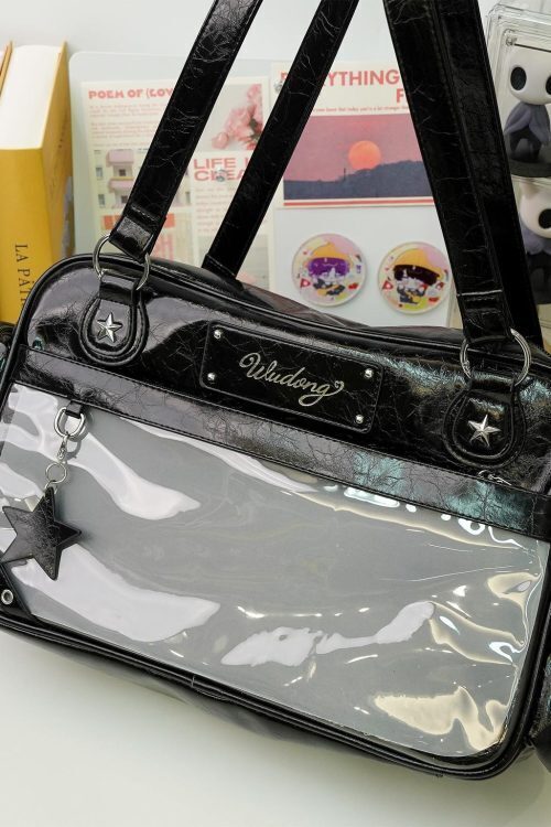 Black Y2K Gothic Ita Messenger Bag with Clear Window for Plushies and Pins