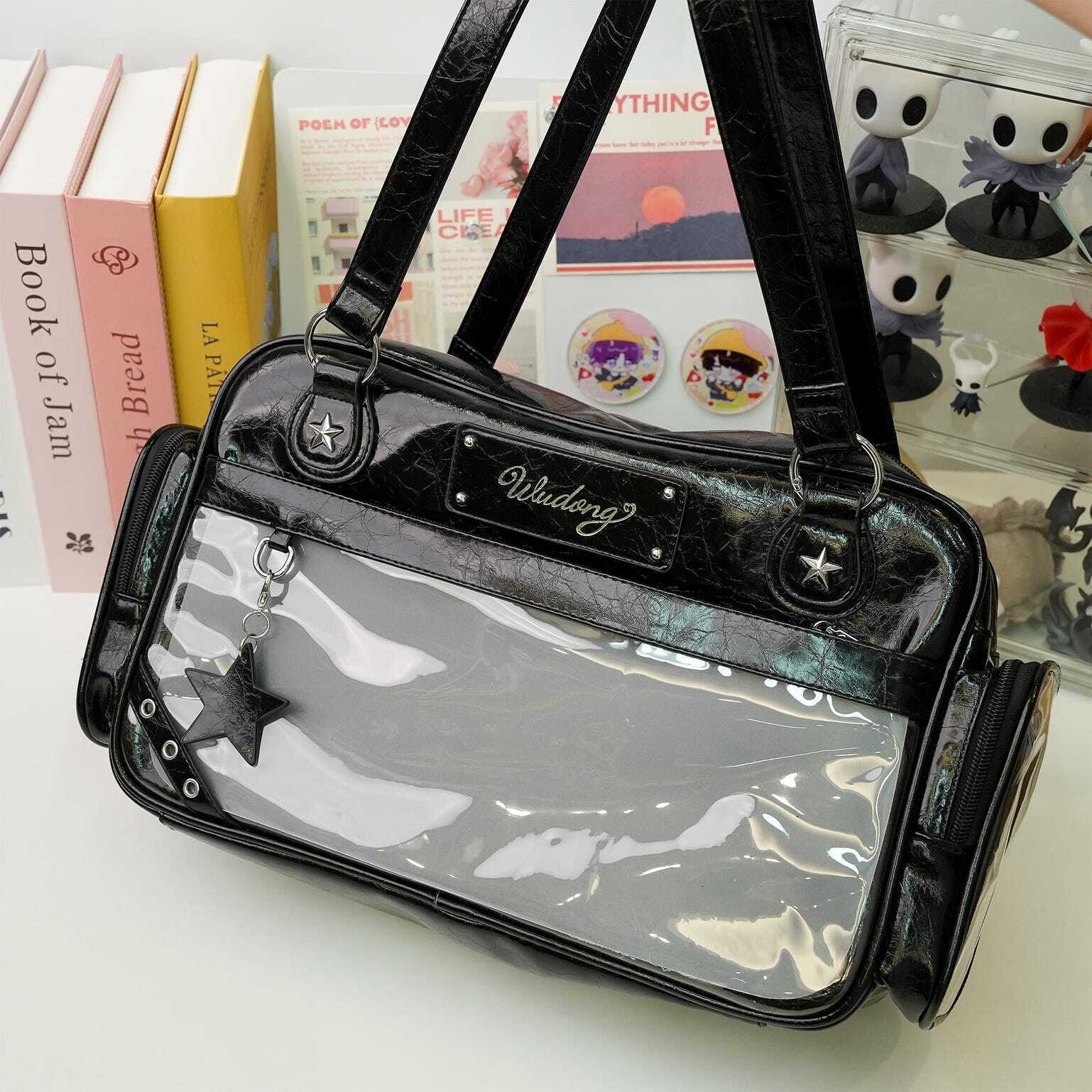 Black Y2K Gothic Ita Messenger Bag with Clear Window for Plushies and Pins Black Y2K Gothic Ita Messenger Bag with Clear Window for Plushies and Pins