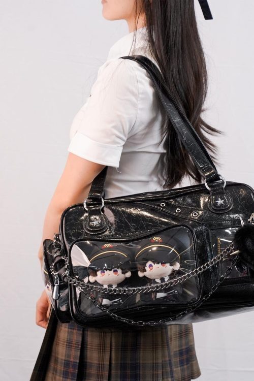Black Y2K Gothic Ita Messenger Bag with Clear Window for Plushies and Pins