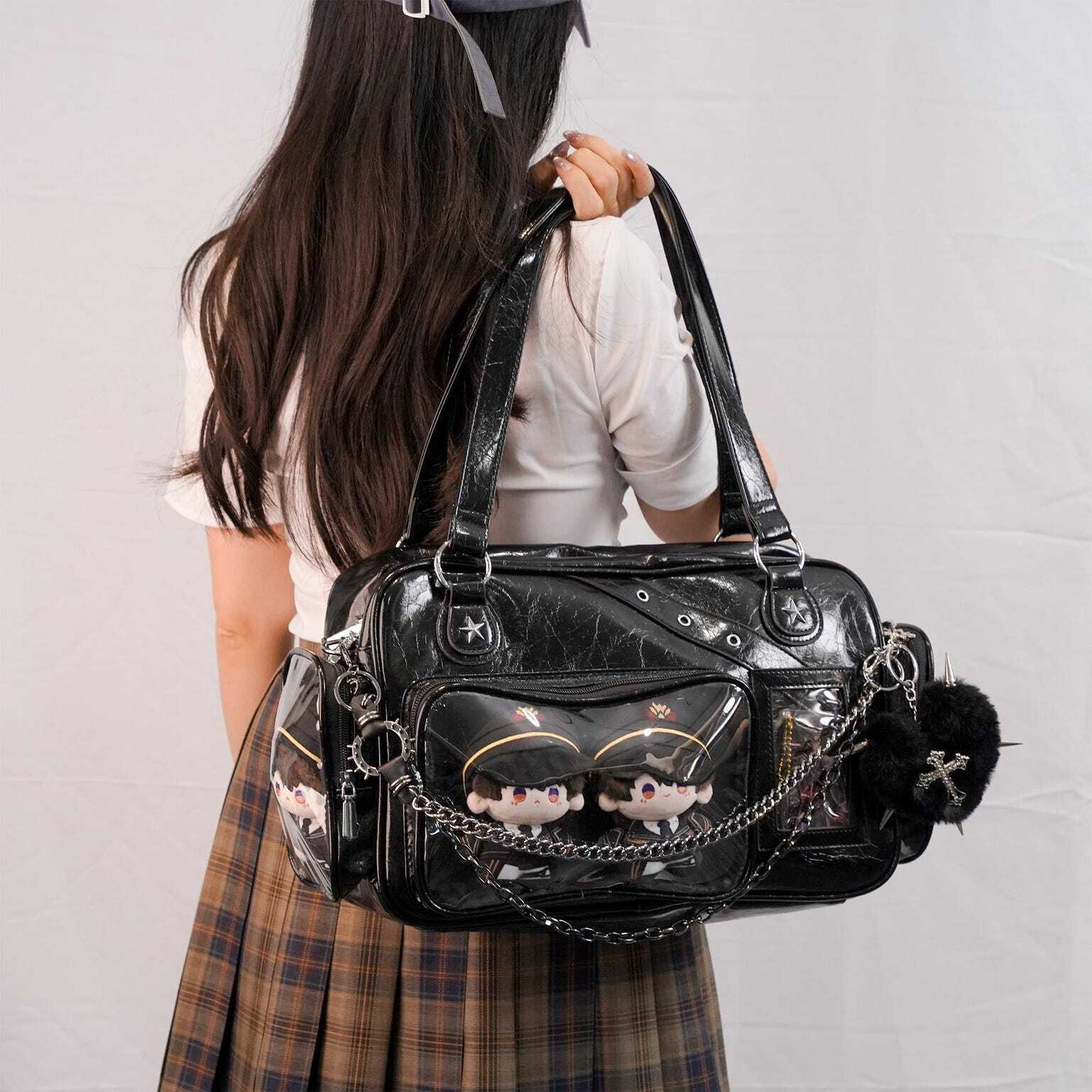 Black Y2K Gothic Ita Messenger Bag with Clear Window for Plushies and Pins Black Y2K Gothic Ita Messenger Bag with Clear Window for Plushies and Pins