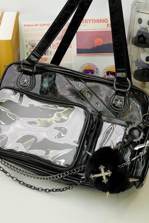 Black Y2K Gothic Ita Messenger Bag with Clear Window for Plushies and Pins