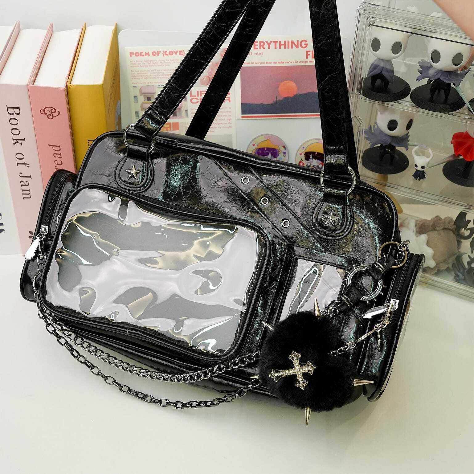 Black Y2K Gothic Ita Messenger Bag with Clear Window for Plushies and Pins Black Y2K Gothic Ita Messenger Bag with Clear Window for Plushies and Pins