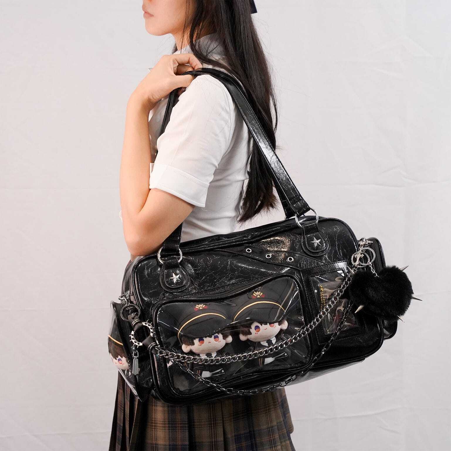 Black Y2K Gothic Ita Messenger Bag with Clear Window for Plushies and Pins Black Y2K Gothic Ita Messenger Bag with Clear Window for Plushies and Pins