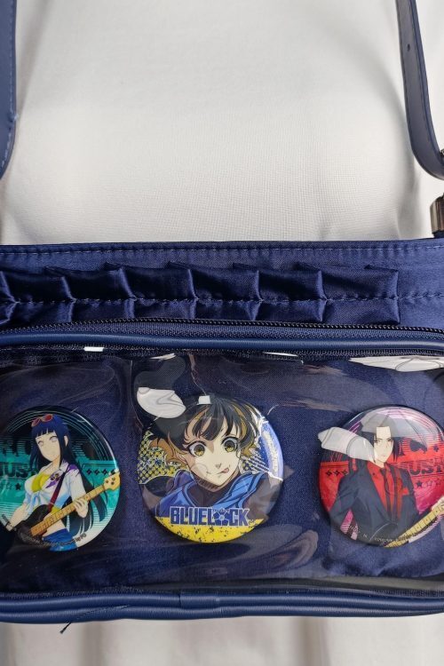 Blue Ita Crossbody Bag with Clear Window and Included Insert for Pin Display