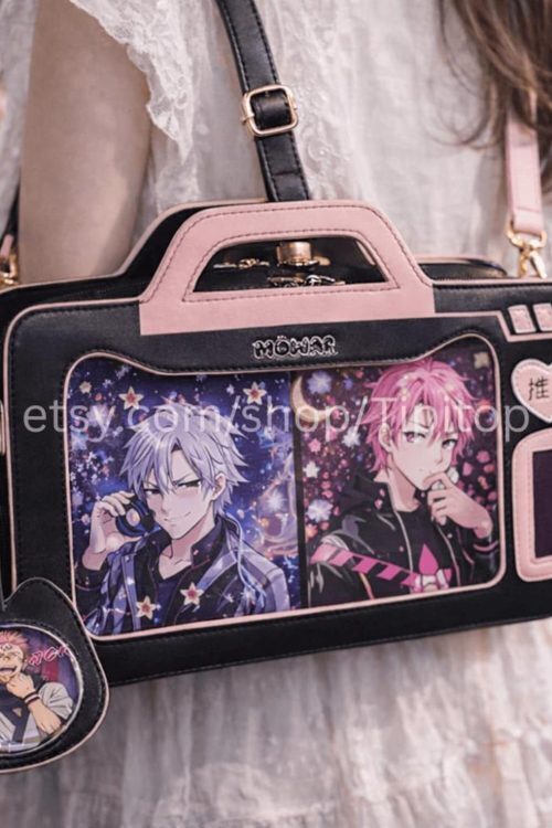 Blue Kawaii Cat Convertible Ita Bag with Clear Window for Pin Display