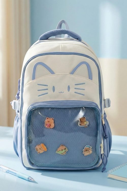 Blue Kawaii Cat Ita Backpack for Pin Display