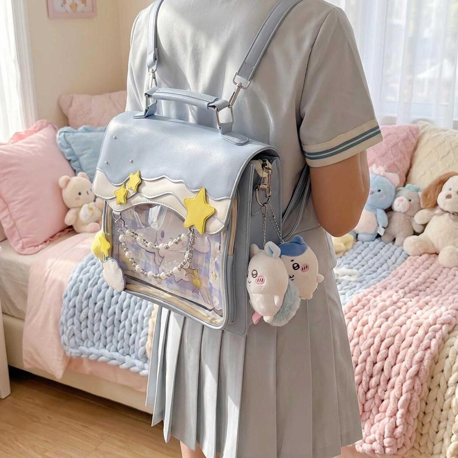 Blue Kawaii Ita Backpack with Clear Window for Photocards and Pins Blue Kawaii Ita Backpack with Clear Window for Photocards and Pins