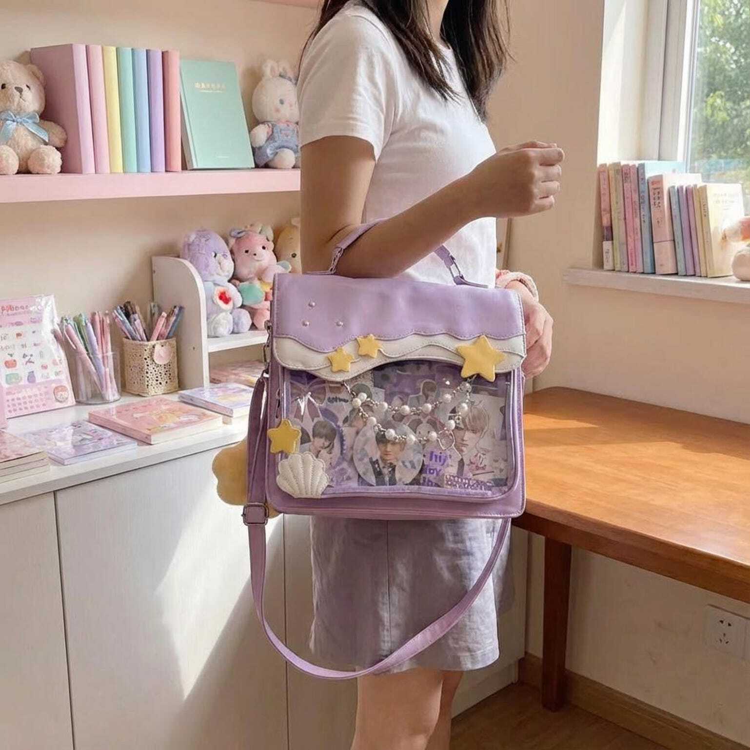 Blue Kawaii Ita Backpack with Clear Window for Photocards and Pins Blue Kawaii Ita Backpack with Clear Window for Photocards and Pins