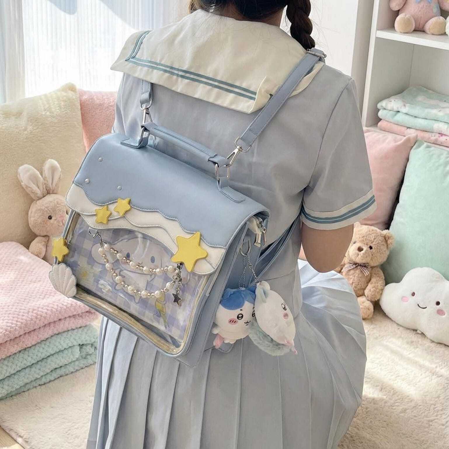 Blue Kawaii Ita Backpack with Clear Window for Photocards and Pins Blue Kawaii Ita Backpack with Clear Window for Photocards and Pins