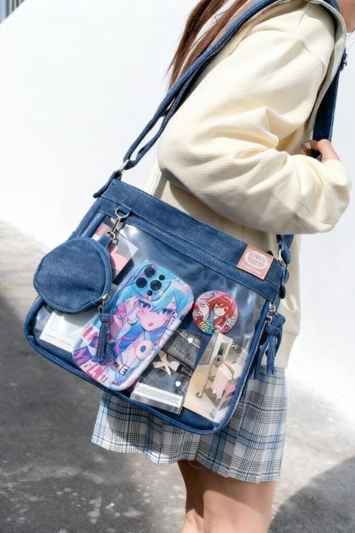 Blue Y2K Ita Messenger Bag with Clear Window for Plushies and Pins