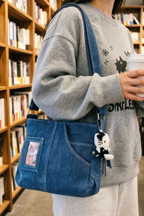 Blue Y2K Ita Messenger Bag with Clear Window for Plushies and Pins