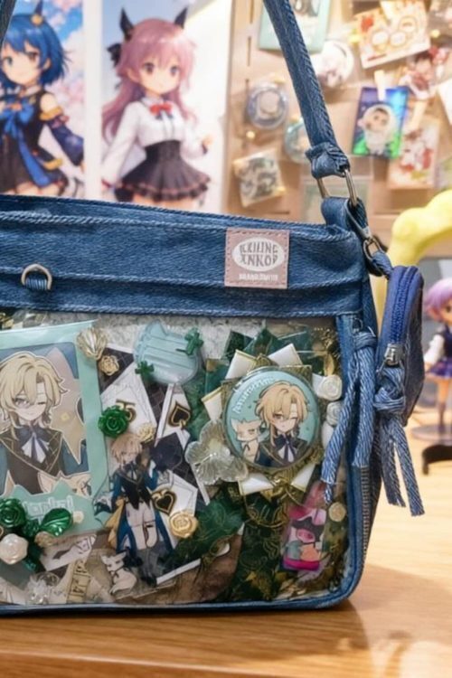 Blue Y2K Ita Messenger Bag with Clear Window for Plushies and Pins