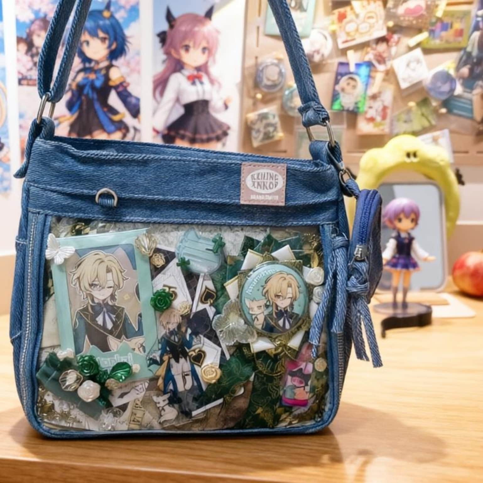 Blue Y2K Ita Messenger Bag with Clear Window for Plushies and Pins Blue Y2K Ita Messenger Bag with Clear Window for Plushies and Pins