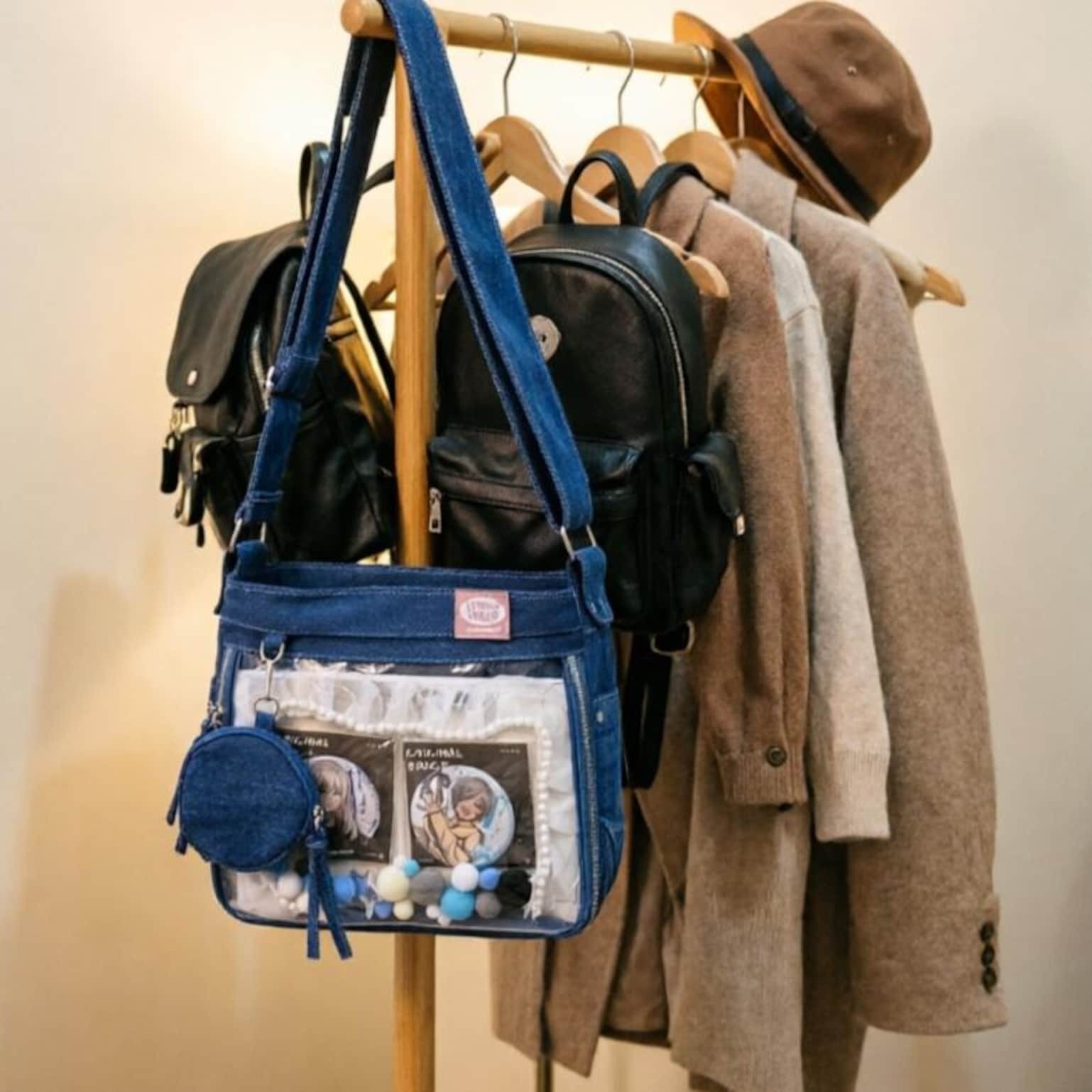 Blue Y2K Ita Messenger Bag with Clear Window for Plushies and Pins Blue Y2K Ita Messenger Bag with Clear Window for Plushies and Pins