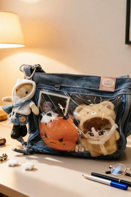 Blue Y2K Ita Messenger Bag with Clear Window for Plushies and Pins